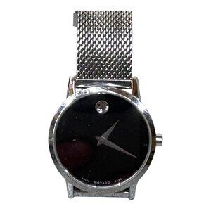 Movado Museum Quartz Black Dial Stainless Steel Ladies Mesh Watch Women Crystal